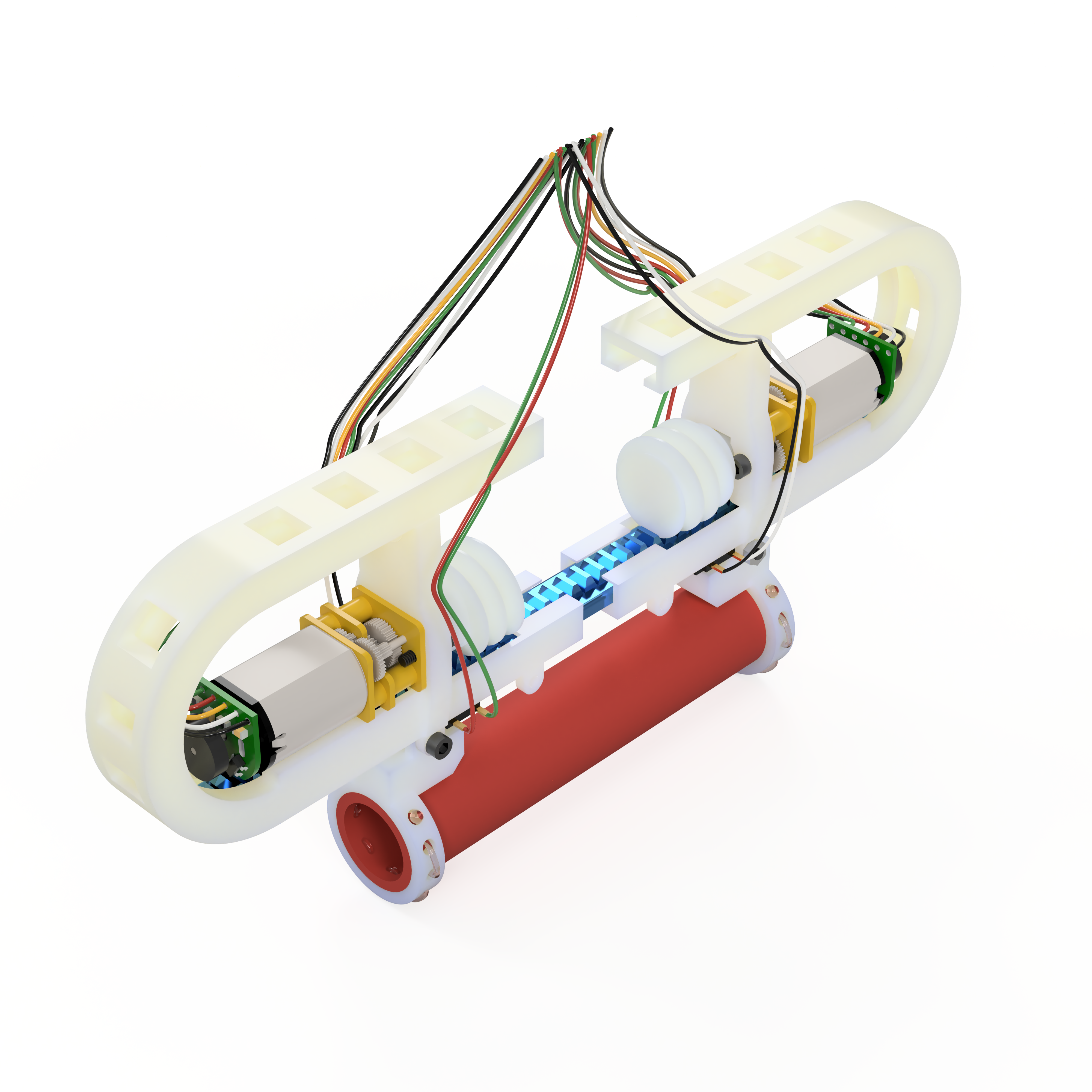 Rendered technical assembly showing an integrated mechanical and electromechanical prototype